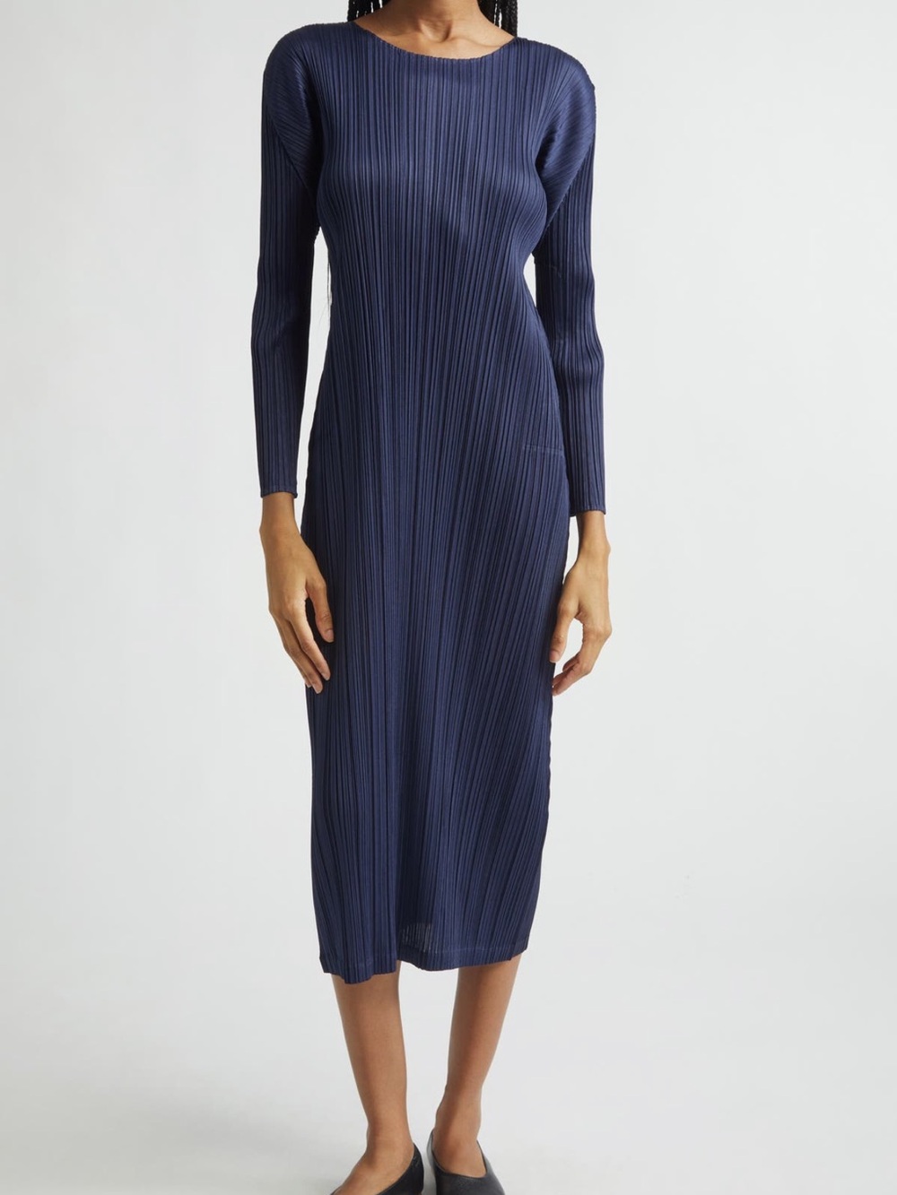 Issey Miyake Pleated Long-Sleeve Midi Dress in Navy